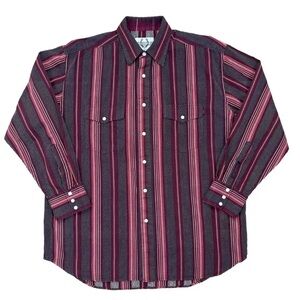 Cowboy Up Western Pearl Snap Shirt Mens Medium Long Sleeve Striped Red Burgundy